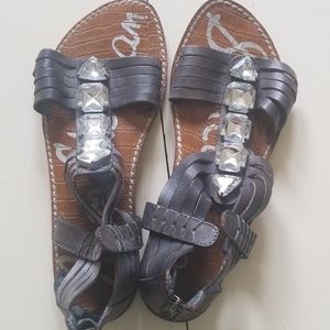 Leather gladiator sandals with rhinestone detail